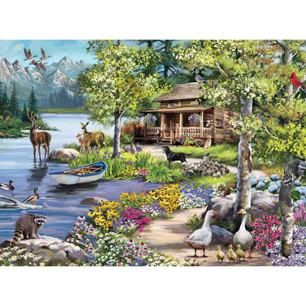 Bits and Pieces - 300 Piece Jigsaw Puzzle for Adults - Cabin by The Lake - Woodland Animal Spring Forest Jigsaw Puzzle by Artist The Macneil Studio