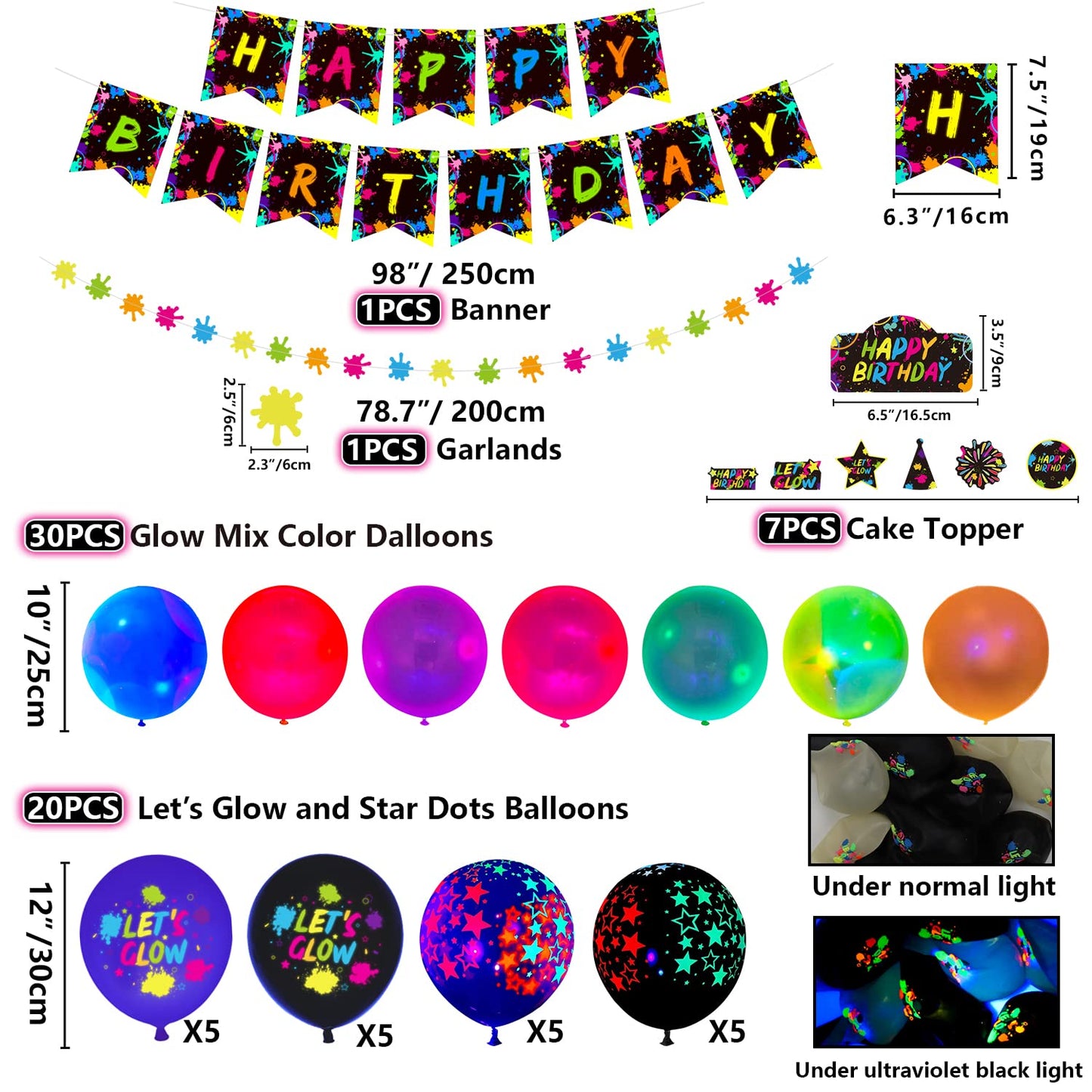 XJLANTTE 225 Pieces Glow Neon Party Supplies - Balloon, in the Dark Birthday Banner, Garlands, Cake Topper, Tablecloth, Plates, Napkins and Cup