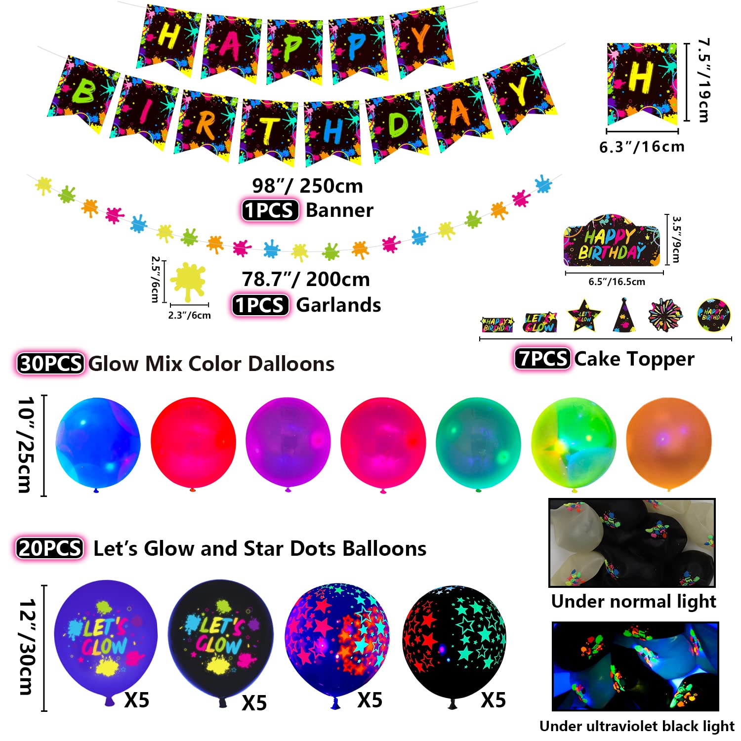 XJLANTTE 225 Pieces Glow Neon Party Supplies - Balloon, in the Dark Birthday Banner, Garlands, Cake Topper, Tablecloth, Plates, Napkins and Cup