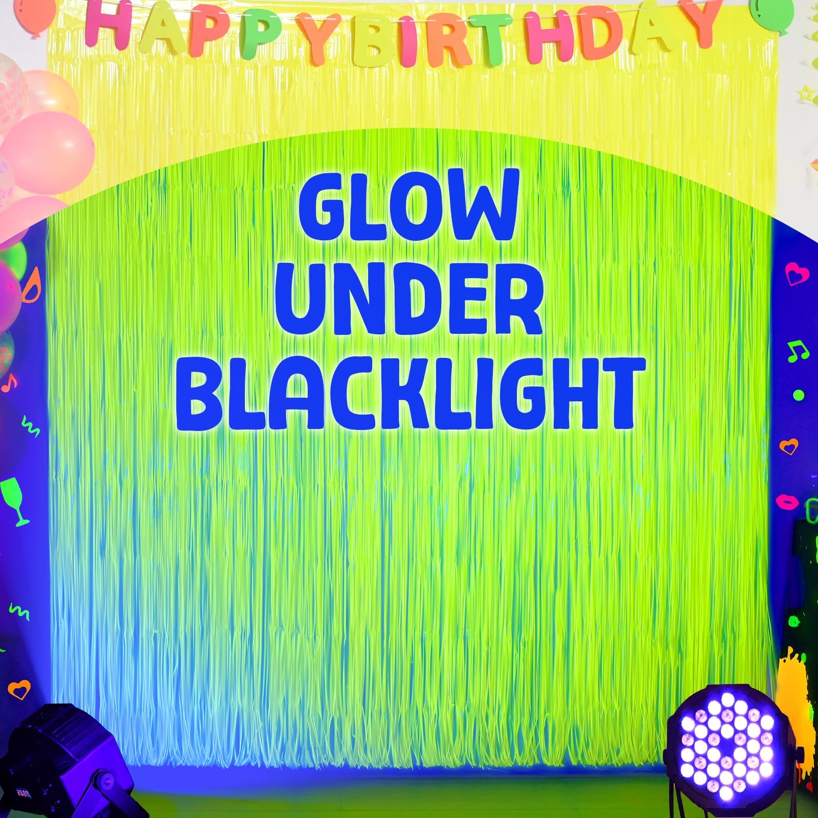 Mega-L Glow in The Dark Party Supplies, Neon Party Decorations, 2 Pack 6.6x6.6 ft Fluorescent Green Foil Fringe Curtains, Glow Photo Backdrop
