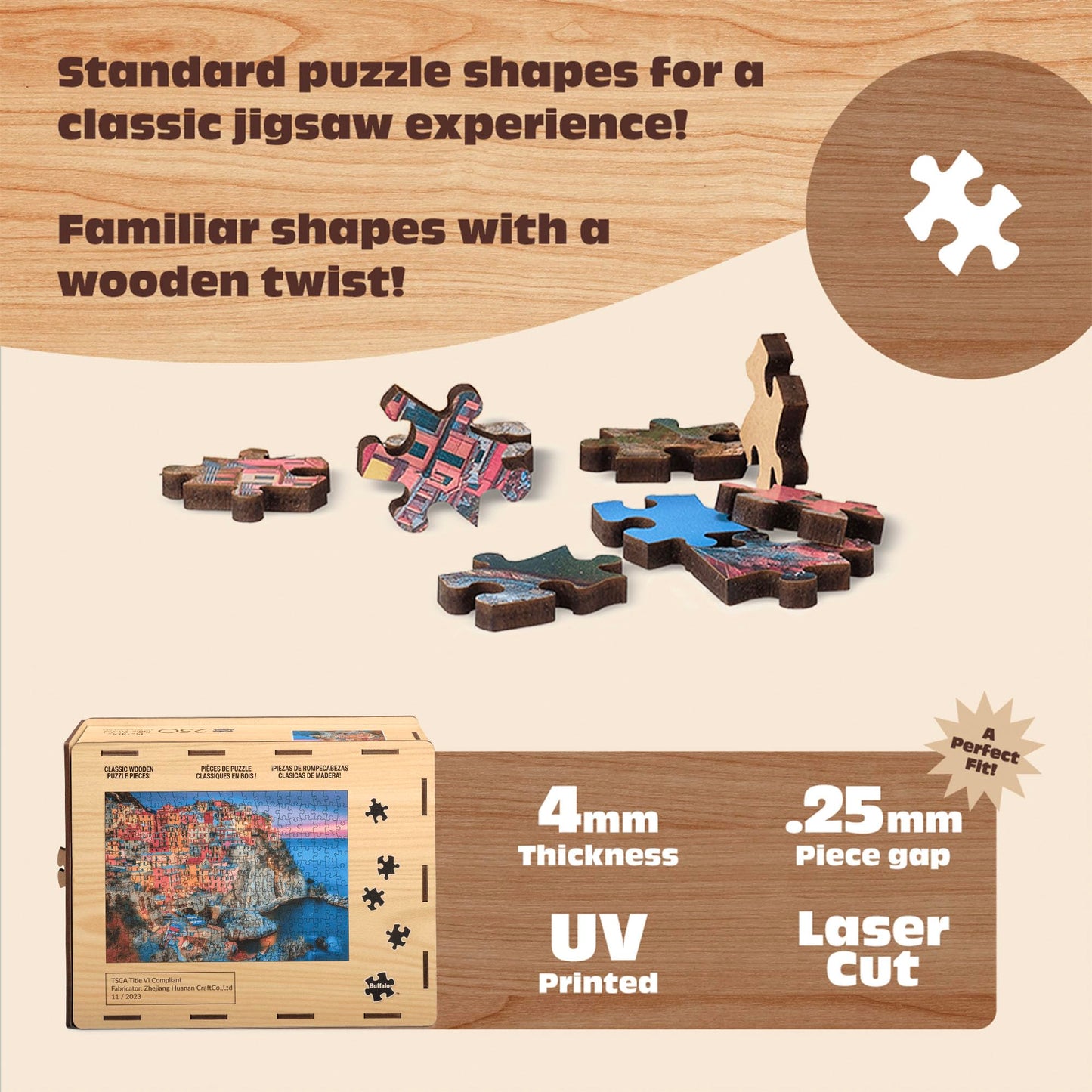 Buffalo Games - 250 Piece Wooden Jigsaw Puzzle - Cinque Terre - Standard Cut Pieces - Wooden Box - Full Size Poster, Ages 14