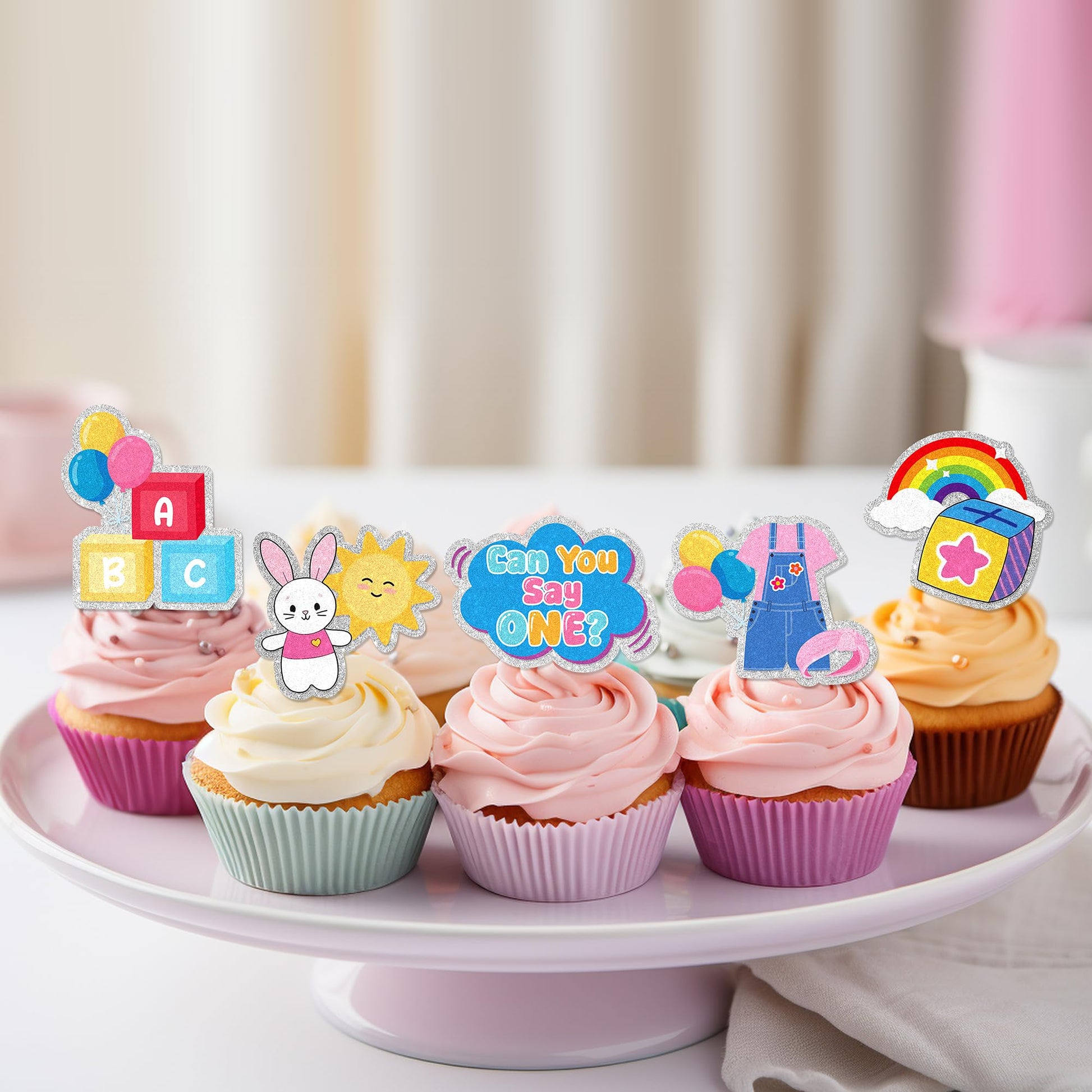 24Pcs Can You Say 1st Birthday Cupcake Toppers - Glitter Rachell Teacher Party Decorations For Rachel Cartoon English Rainbow ABC Themed One Year Old
