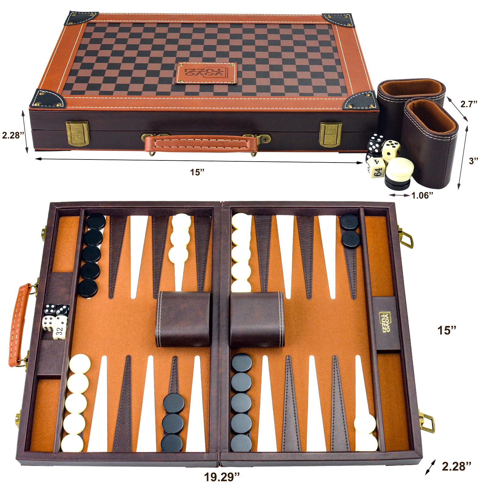 Backgammon Sets for Adults, 15 Inch PU Leather Backgammon Set, Portable Travel Backgammon Board Game, Classic Strategy Checkerboard Design Backgammon