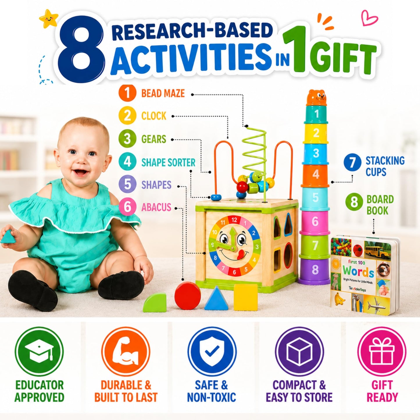 Wooden Activity Cube for 1 Year Old - 1 Year Old Boy Gifts - 1 Year Old Boy Toys - Educational Toys for 1 Year Old - Busy Cube with Bead Maze Toy