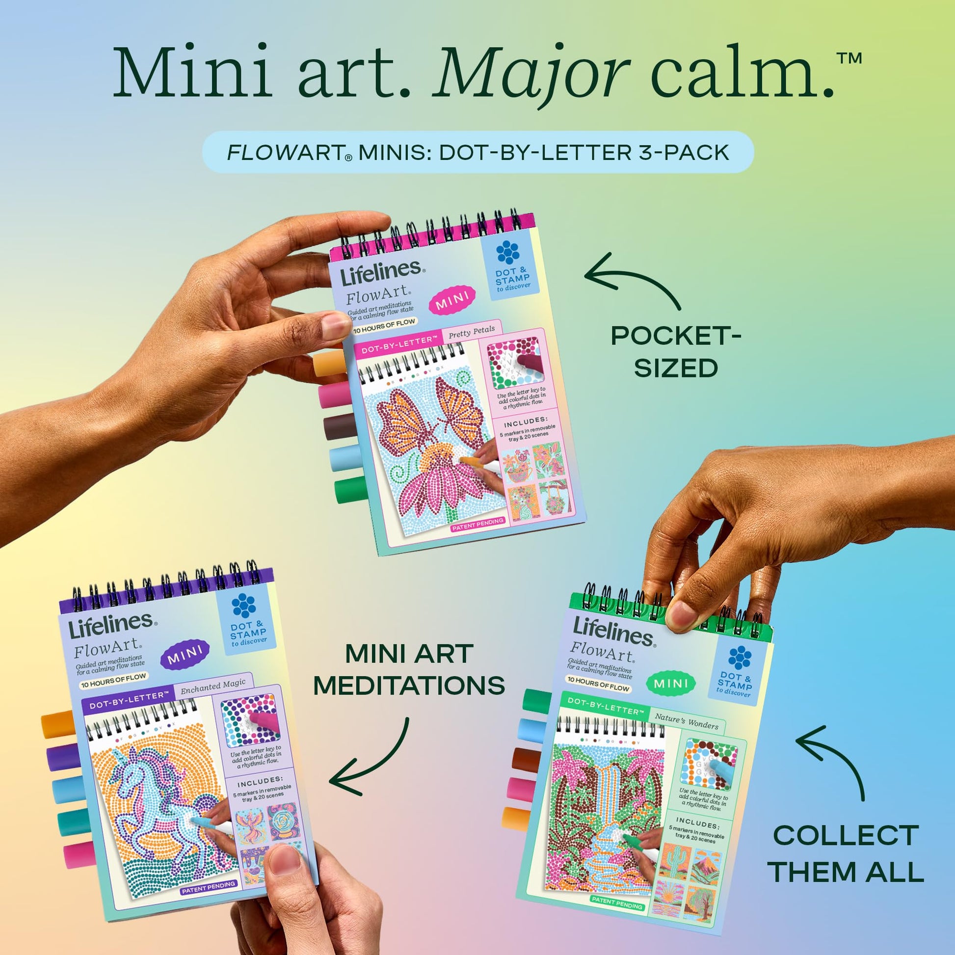Lifelines FlowArt Activity Pads, 3-Pack - Guided Dot by Letter Art Meditations with Markers - 12 Double-Sided Markers & 60 Scenes - Color by Number