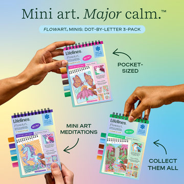 Lifelines FlowArt Activity Pads, 3-Pack - Guided Dot by Letter Art Meditations with Markers - 12 Double-Sided Markers & 60 Scenes - Color by Number