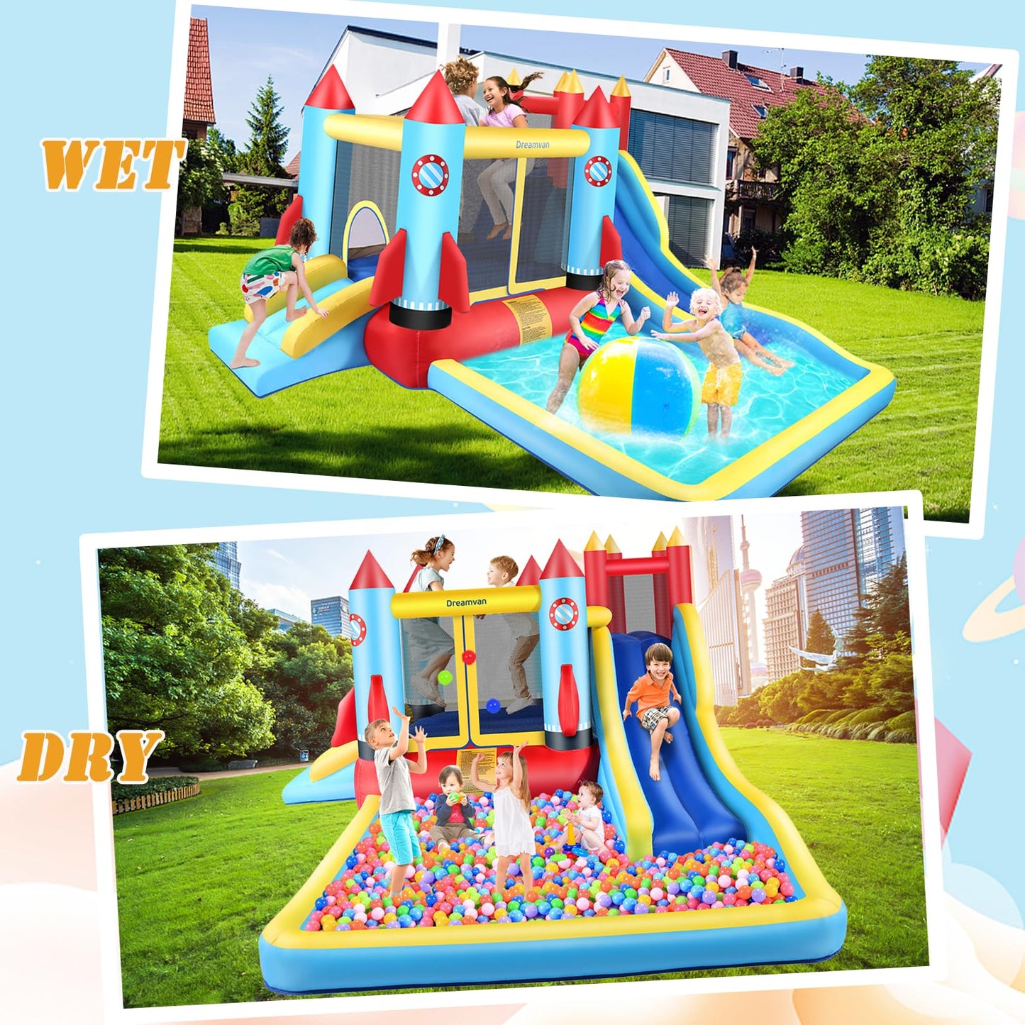 Inflatable Bounce House for Kids 146 x 132 x 82 inch, Indoor/Outdoor Bouncy House with Large Splashing Pool, Bouncing Area, 2 Water Slides,Climbing