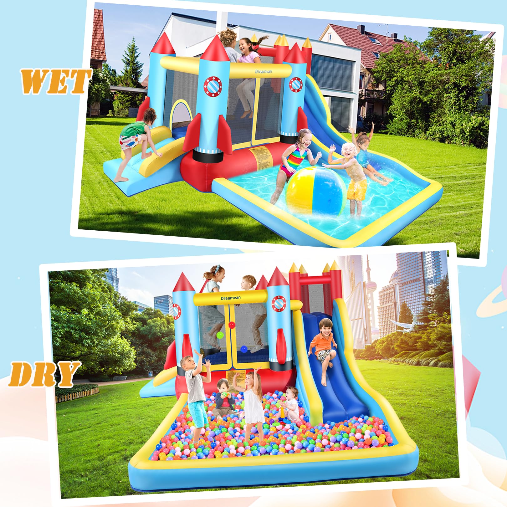 Inflatable Bounce House for Kids 146 x 132 x 82 inch, Indoor/Outdoor Bouncy House with Large Splashing Pool, Bouncing Area, 2 Water Slides,Climbing