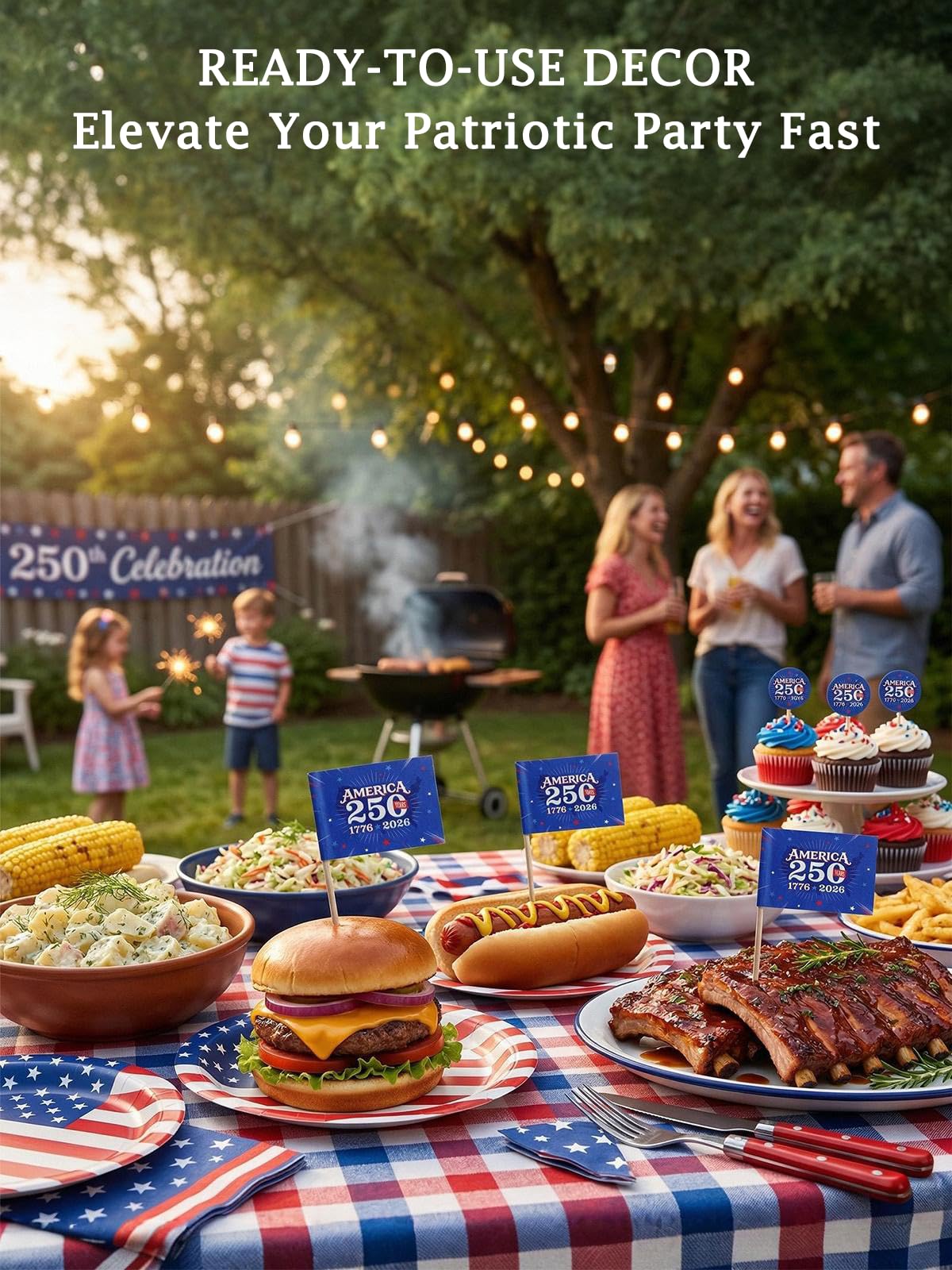 100 Pack America 250 Merchandise Toothpick Flags - Eco-Friendly USA 250th Anniversary Party Supplies & Cupcake Toppers - 1776-2026 Patriotic Mini Food