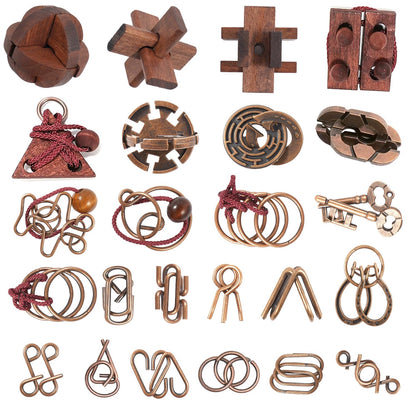 24 Pcs Brain Teaser Puzzles for Adults and Teens - Metal Puzzles 3D Puzzle Game Toys for Adults Teens - Wooden Unlock Interlocking Puzzle Adult IQ