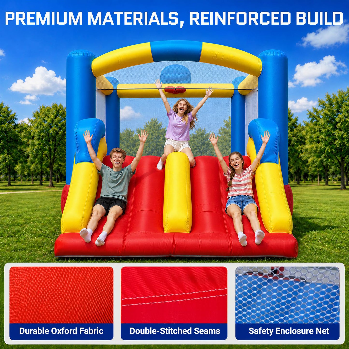 OZIS 12FT Inflatable Bounce House with Double Slides & Basketball Hoop, Blow Up Jumping Bouncy Castle with Blower, Bounce House for Kids Suitable