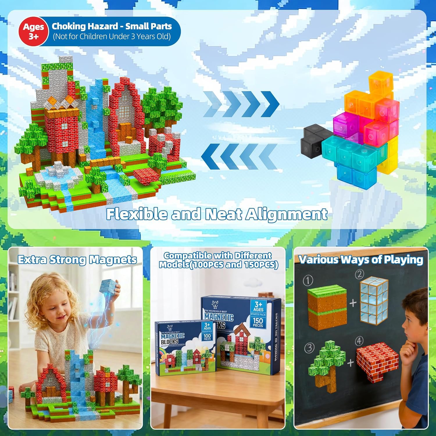THB 100 PCS Magnetic Building Blocks for Kids - Magnetic Building Blocks for Kids Ages 4-8, STEM Educational Magnet Toys, Construction Set for Boys