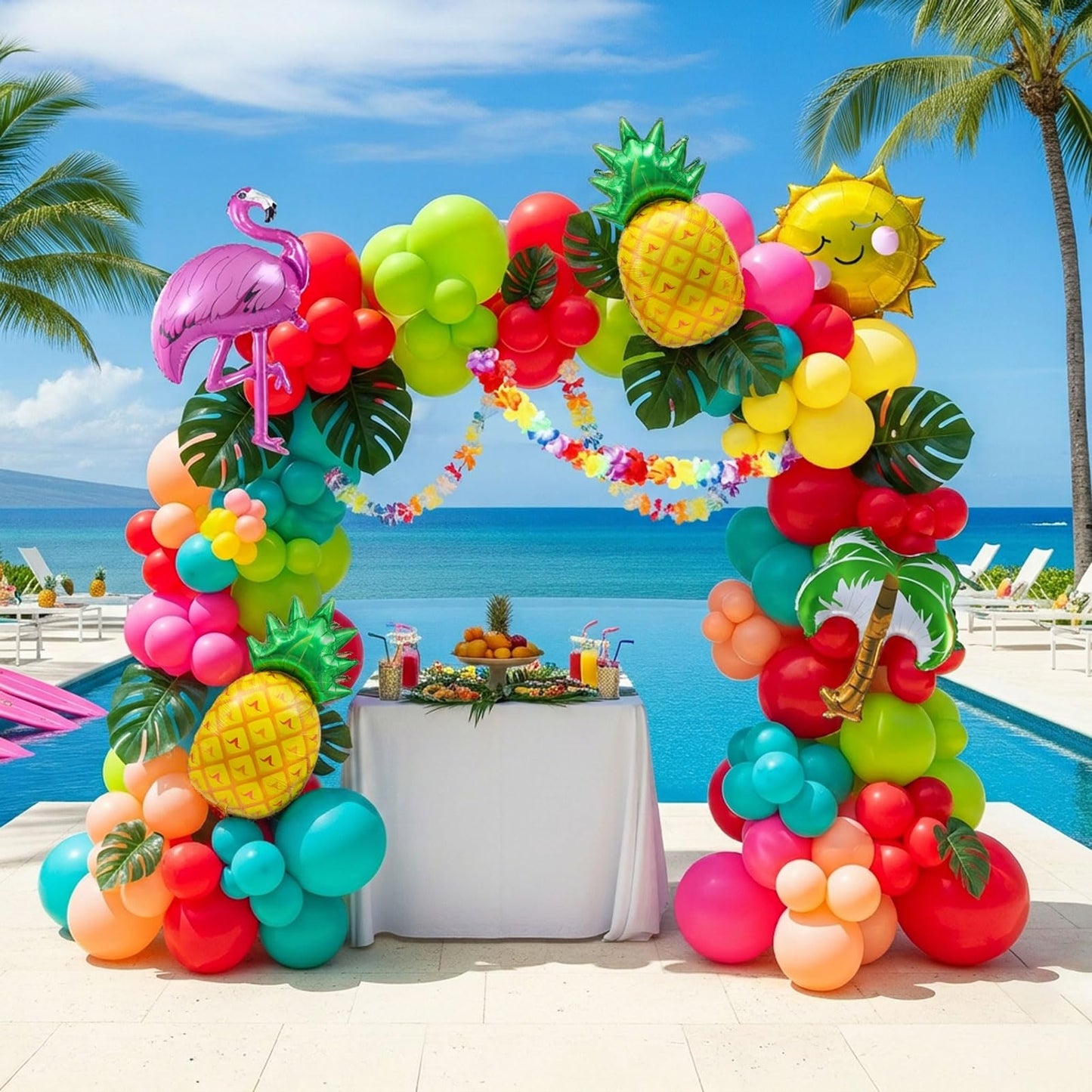 Flamingo Tropical Balloon Garland kit Hot Pink Teal Orange Mylar Pineapple Palm Ballloon arch For Summer Beach Hawaiian Luau Aloha Birthday Baby