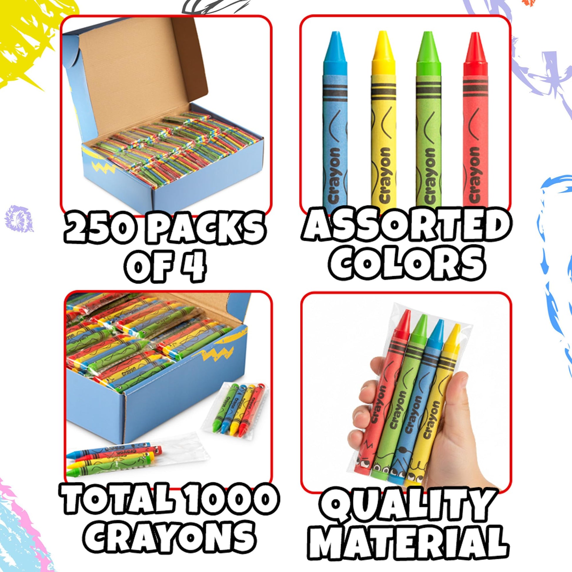 Bulk Crayons 1000 Pack (250 Sets of 4) - Individually Wrapped Crayons Party Favors for Kids, Restaurants, Classrooms, Birthday Goodie Bags, School