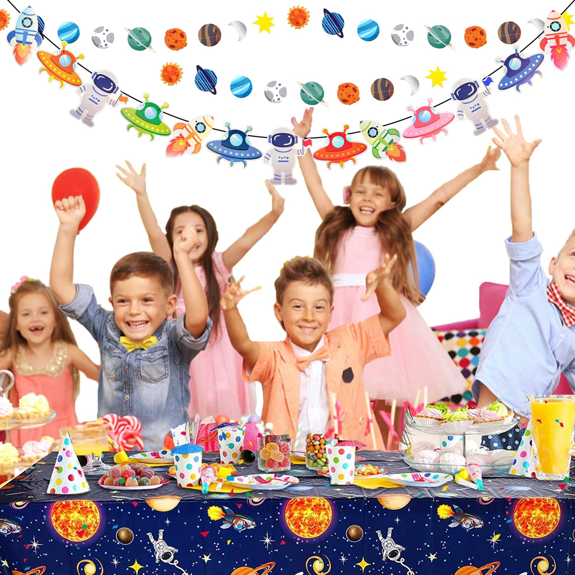 Outer Space Party Decorations - Space Theme Supplies with Happy Birthday Banner Solar System Tablecloth for Galaxy Party Decor (Tablecloth+Flag