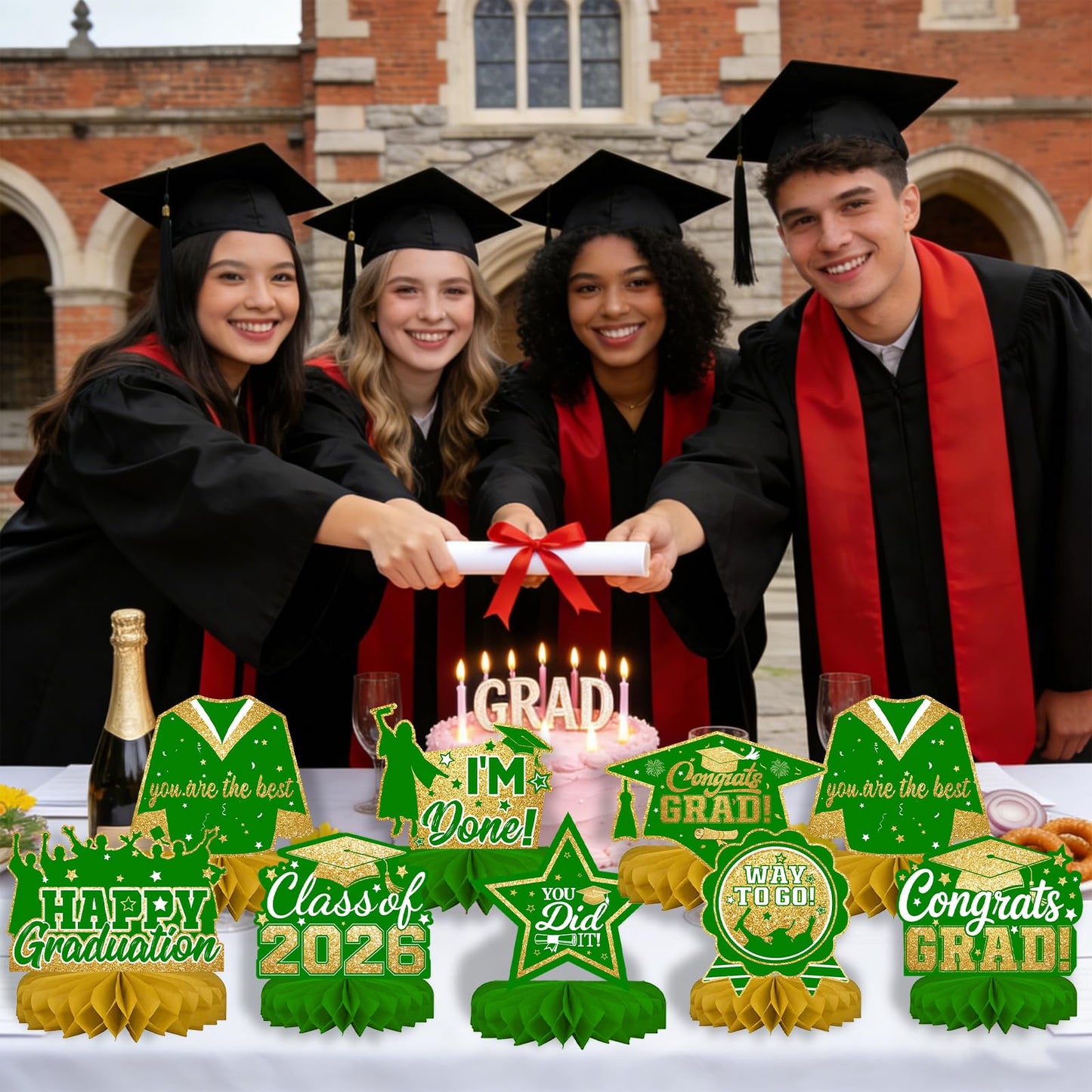 Green and Gold 8 Pieces Graduation Table Decorations, Class of 2026 Congrats Grad Honeycomb Centerpieces, GRAD Table Toppers Decor for Graduation