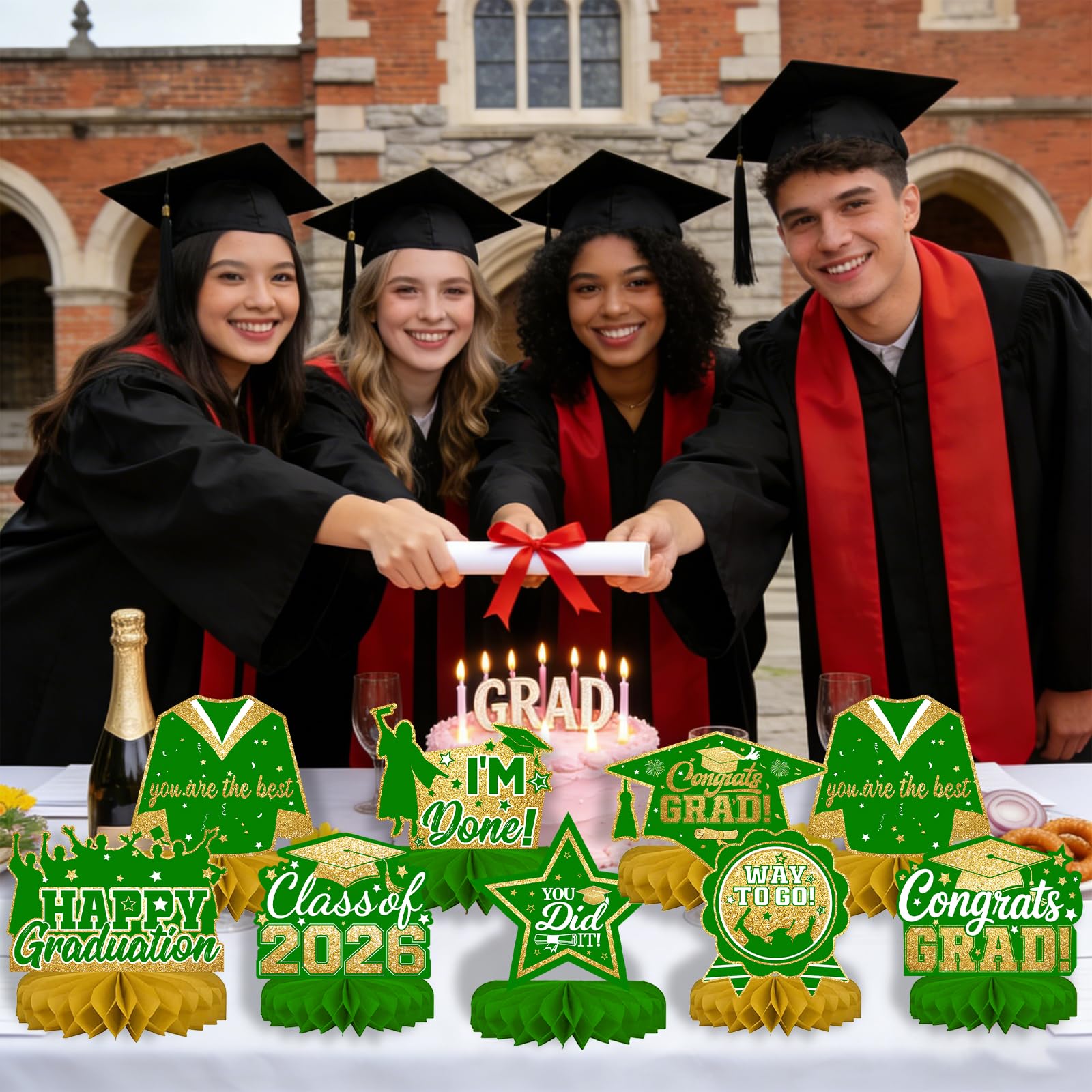 Green and Gold 8 Pieces Graduation Table Decorations, Class of 2026 Congrats Grad Honeycomb Centerpieces, GRAD Table Toppers Decor for Graduation