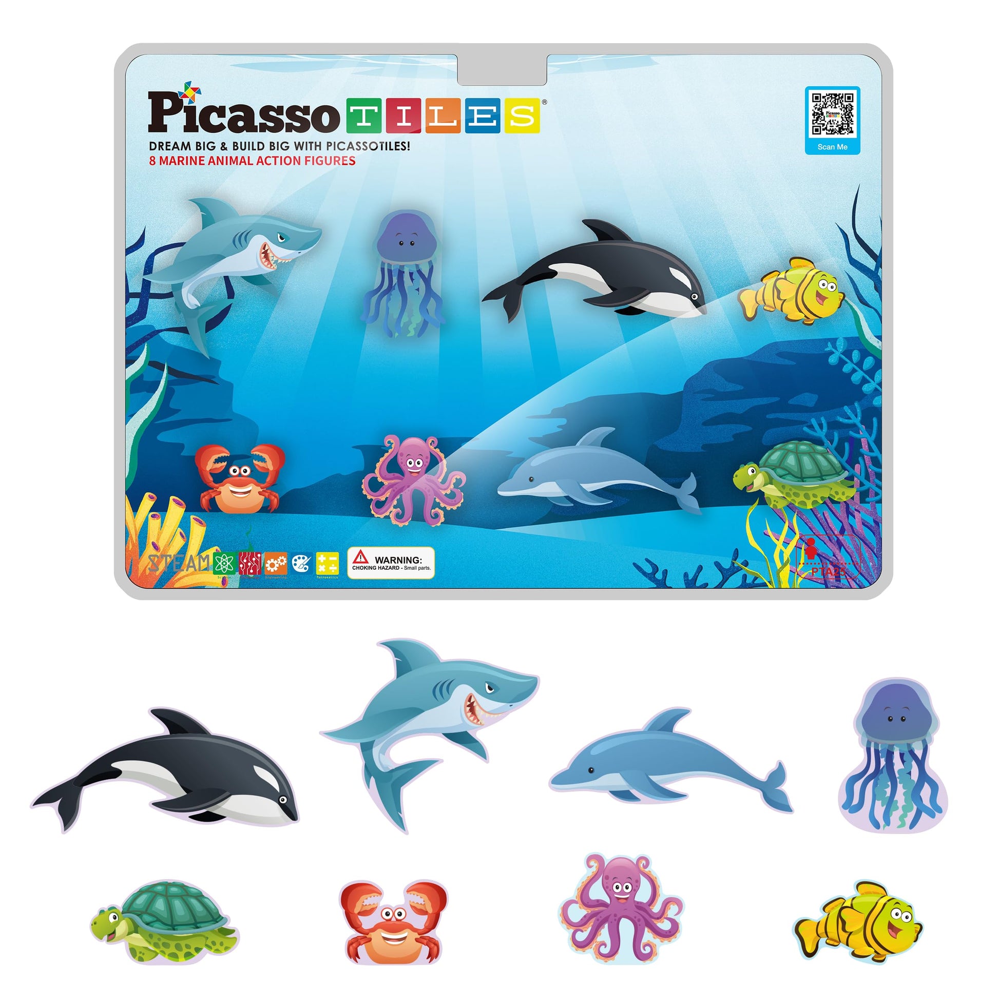 PicassoTiles Magnet Tile Building Blocks 8 Marine Animal Action Figures Compatible Magnetic Accessory Playset Tiles Kids Toys STEM Educational