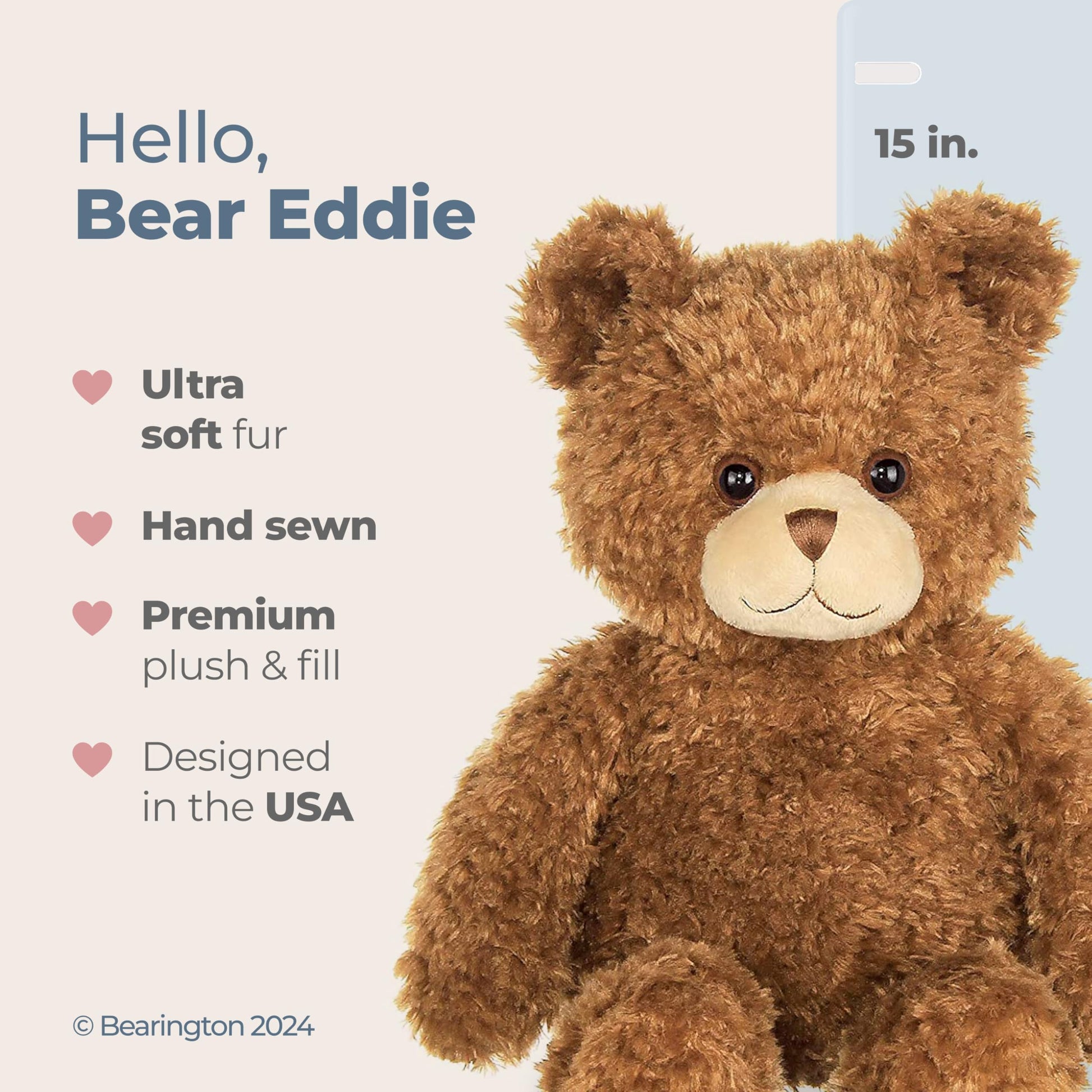 Bearington Eddie Teddy Bear Stuffed Animal - 15" Soft, Cuddly, and Classic Brown Bear Plush Toy with Floppy Body - Adorable Teddy Bears for Baby Gift