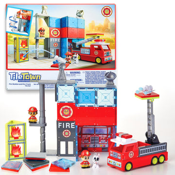 Tile Town Fire Station Magnetic Tiles Set, 66 Piece Kids Magnet Toy, Innovative Action Play Magnetic Tile Building Set Ages 3-6, Amazon Exclusive