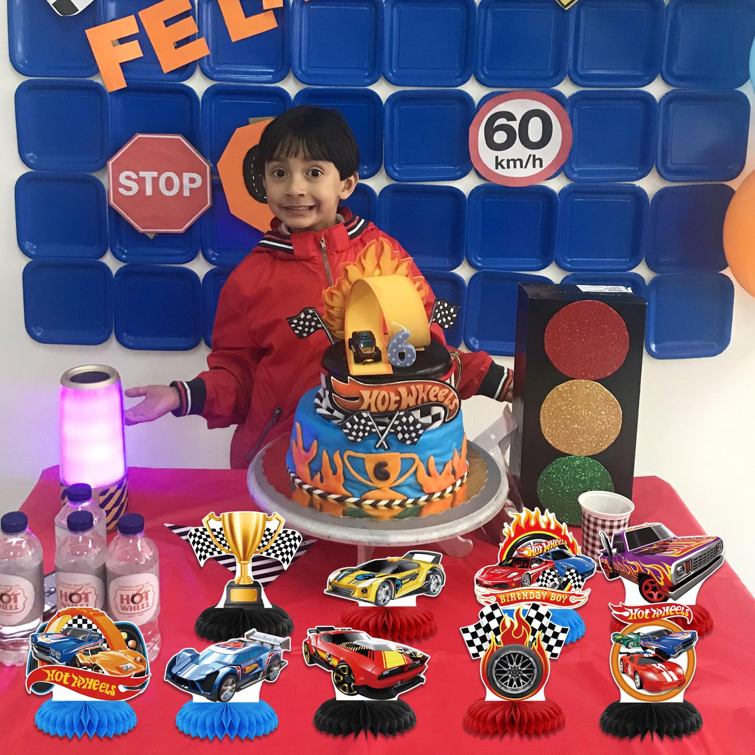 Hot Cars Party Decorations Honeycomb Centerpiece, 9 Pieces Race Car Themed 3D Double Side Cake Toppers Table Centerpieces, Cartoon Photo Backdrop