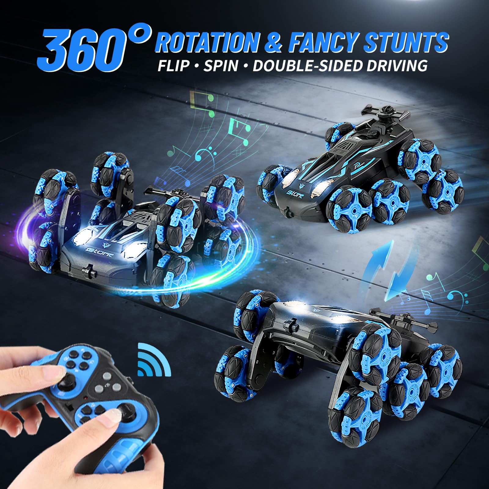 MOMONOVA 8WD Remote Control Stunt Car with Music Light Mist Spray, RC Drift Car Toys for Kids 6+, 2.4GHz Remote, Double Sided Driving, 360° Spins