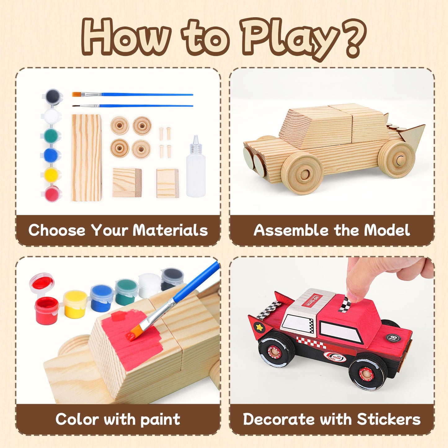 Wooden Build Paint Art Crafts Kit 3 Pack, Make Your Own Car Boat & Plane DIY Craft Toys for Kids Boys, STEM Educational Toy Set for Kids Ages 4-8