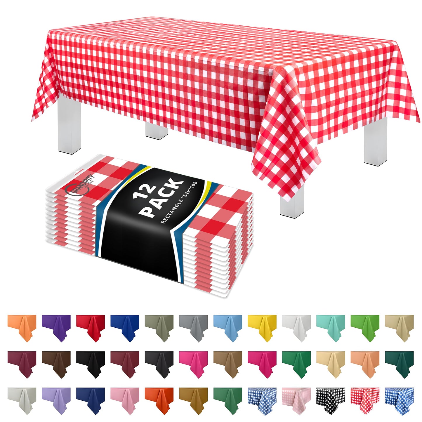 Grandipity 12 Pack Premium Disposable Plastic Picnic Tablecloth 54 Inch. x 108 Inch. Decorative Rectangle Table Cover - Red Checkered Gingham