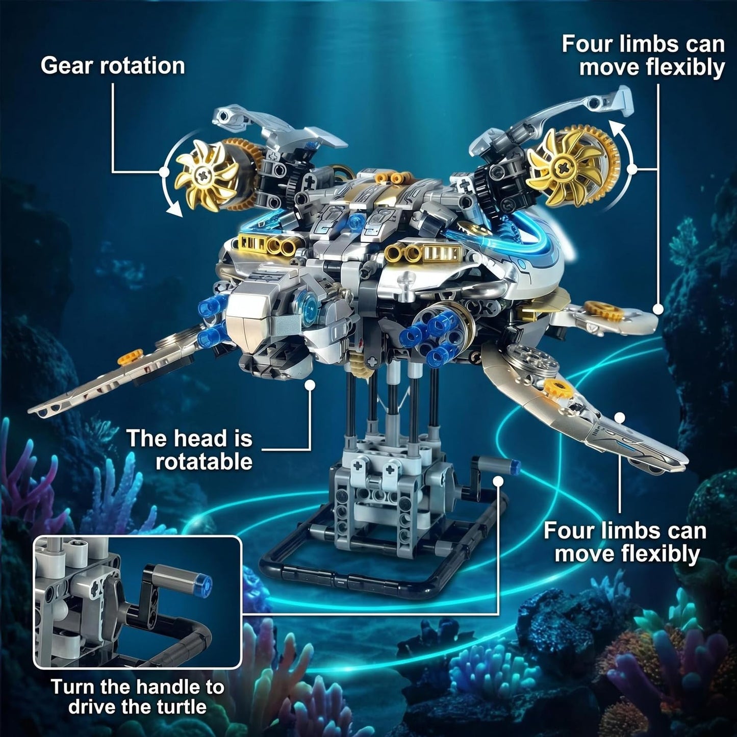 Mechanical Sea Turtle Building Set - 1277 PCS Steampunk Ocean Animal Model Kit with Moving Gears & LED Light, Technic-Style Construction Toy