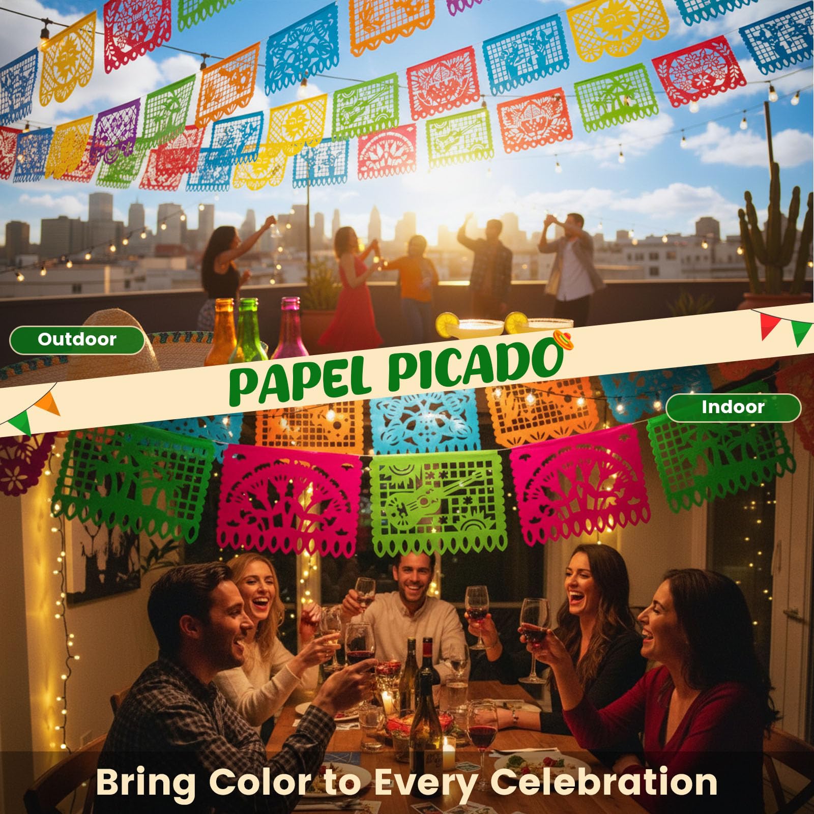 DomeStar Mexican Party Decoration, 18 Feet Plastic Papel Picado Fiesta Banner Cinco de Mayo Garland for Mexican Birthday Fiesta Party Supplies