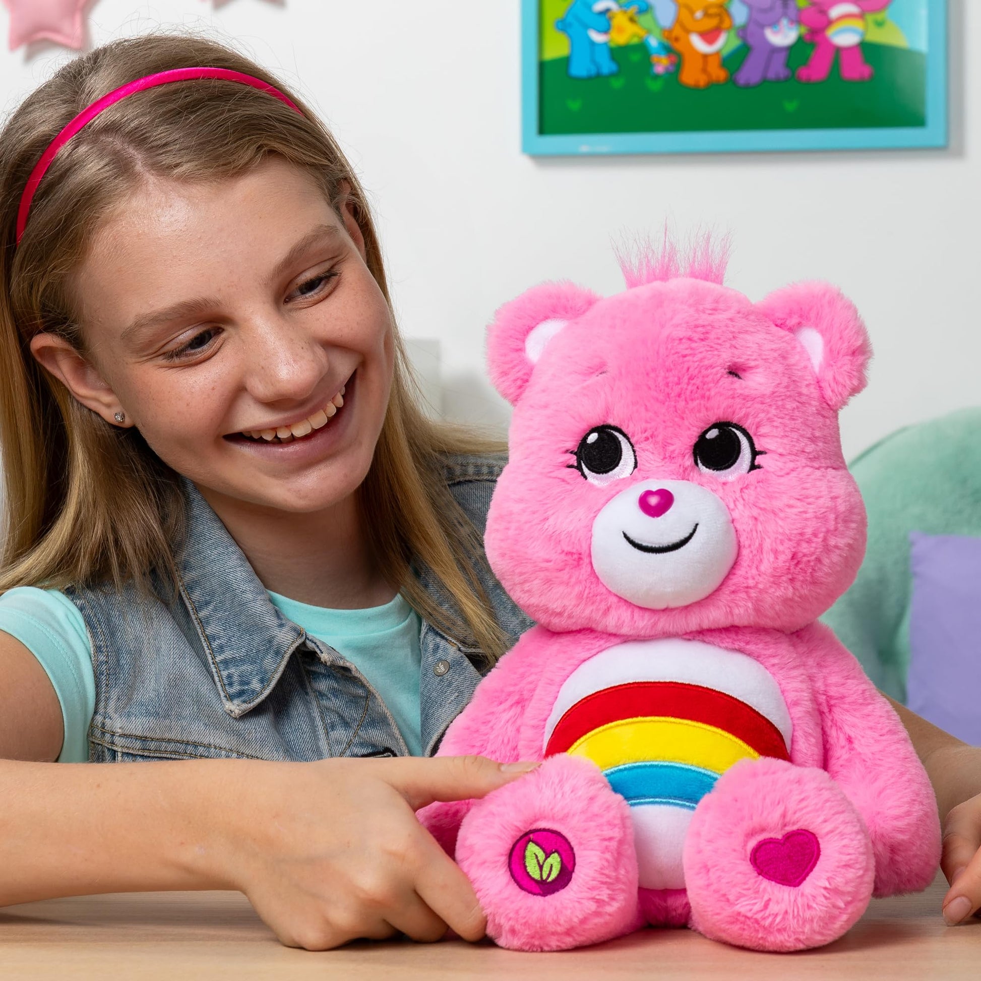 Care Bears 14" Cheer Bear Plushie - Medium Size - Pink Plushie for Ages 4+ - Perfect Stuffed Animal Holiday, Birthday Gift, Super Soft and Cuddly