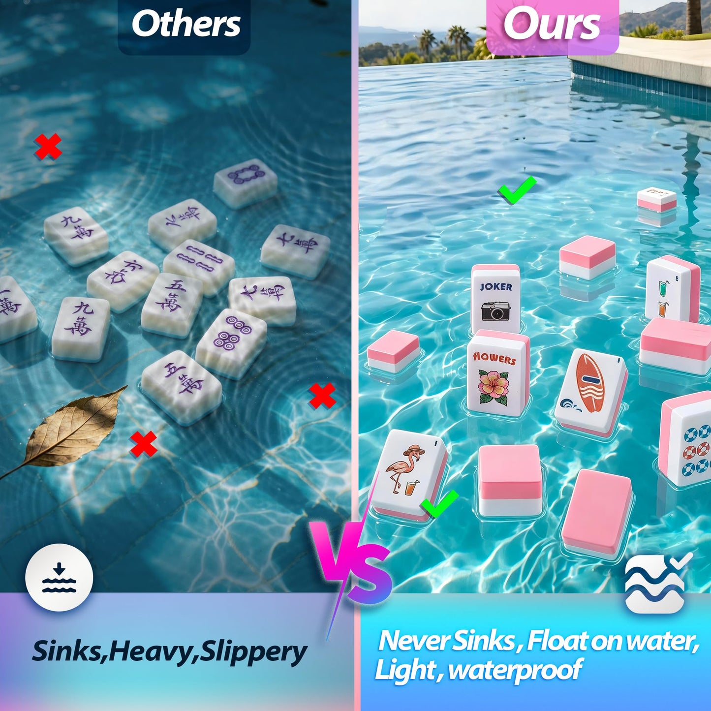 BOATWAY Floating Mahjong Tiles Set for Pool, 160 American Mahjong Tiles Waterproof EVA Foam Tiles with Storage Bag Dice & Rule Cards, Portable Pool