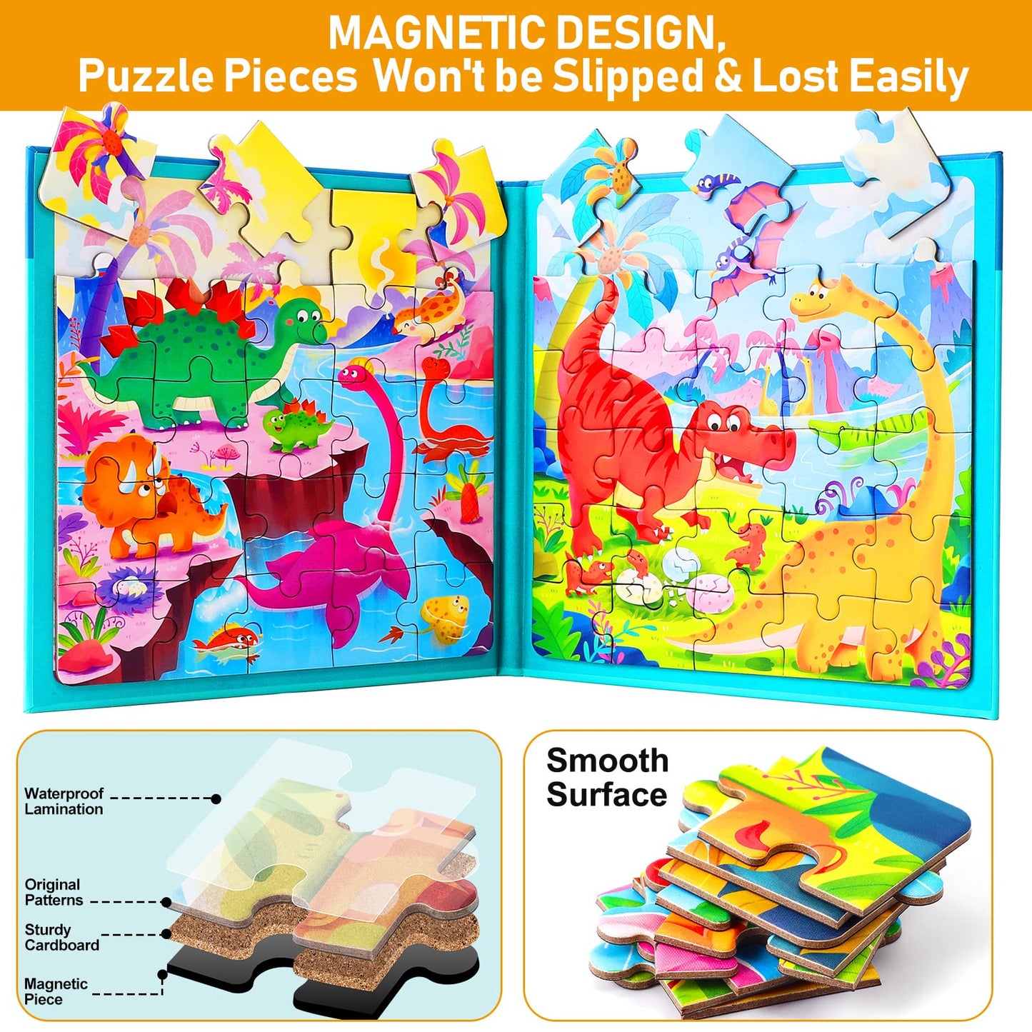 Magnetic Puzzles for Kids Ages 3-5, Two-Book Set, Dinosaur Animal Jigsaw Puzzle Magnet Books Travel Games Montessori Preschool Learning Activities