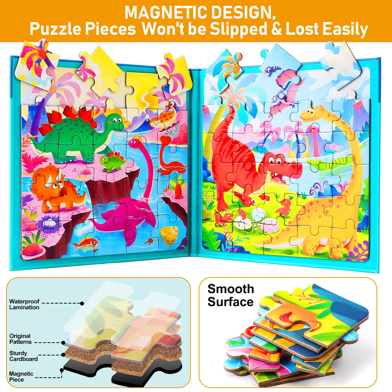 Magnetic Puzzles for Kids Ages 3-5, Two-Book Set, Dinosaur Animal Jigsaw Puzzle Magnet Books Travel Games Montessori Preschool Learning Activities