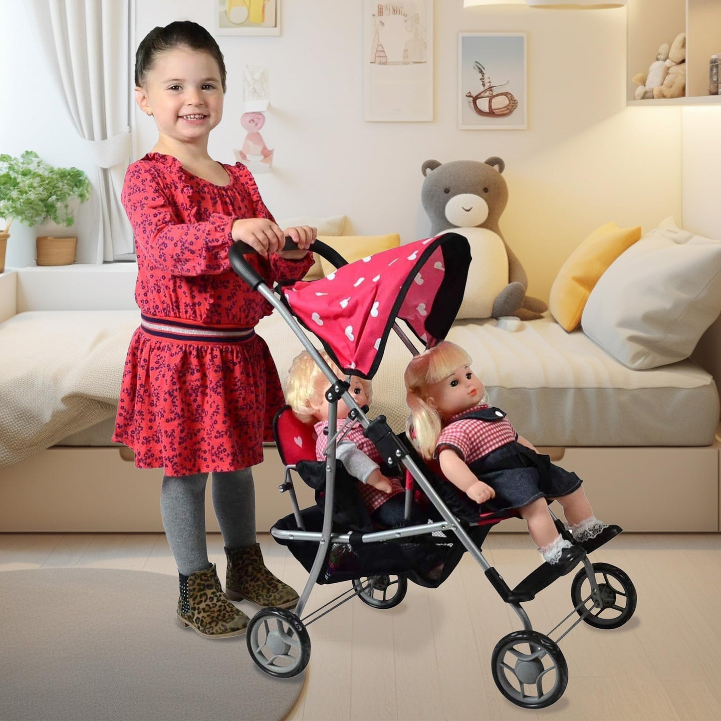 My First Doll Twin Stroller - Cutest Heart Design Doll Twins Stroller - Great Toy Gift for Girls
