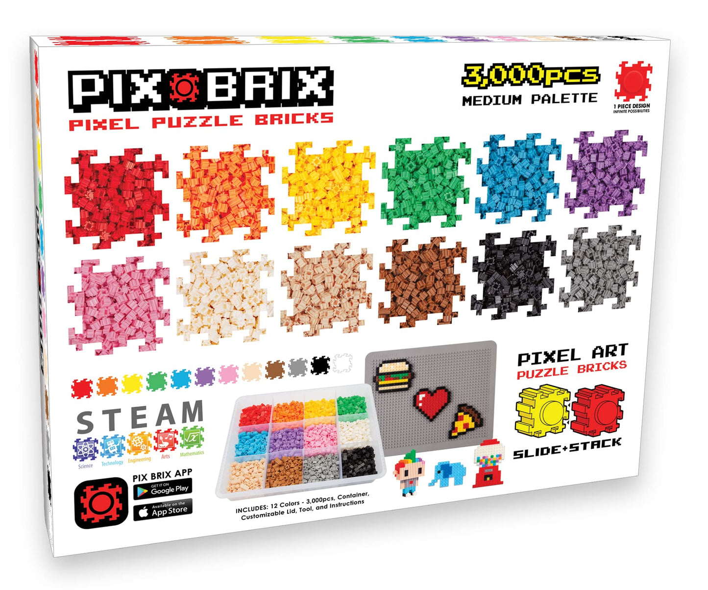 Pix Brix Pixel Art kit Puzzle Bricks - 3,000 Piece Pixel Art Container, 12 Color Medium Palette - Interlocking Building Bricks, Create 2D and 3D