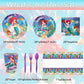 111PCS Disne Ariel Party Kit! Enchanting set with vibrant tableware & dreamy tablecloth, for a magical undersea kids' birthday.