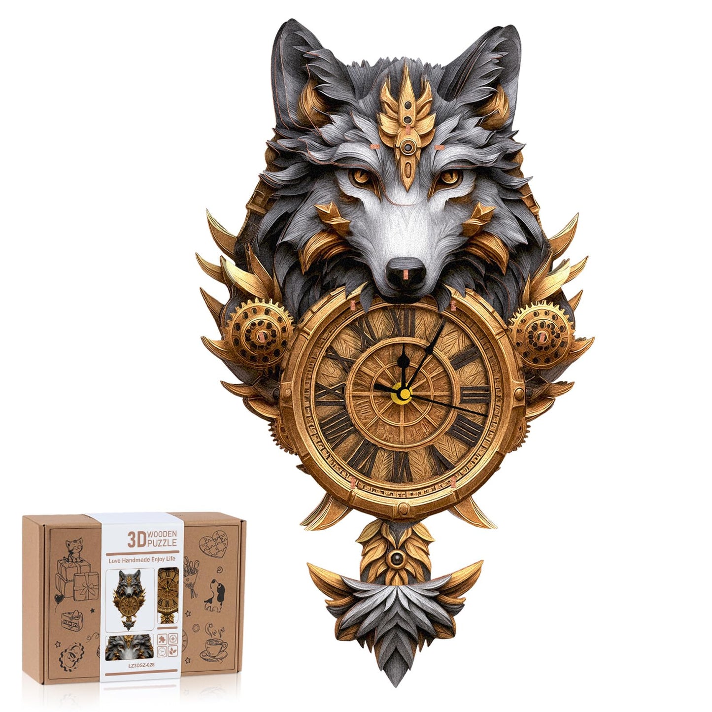 3D Wooden Puzzles for Adults Gray Wolf Design Clock Model Kit with Pendulum
