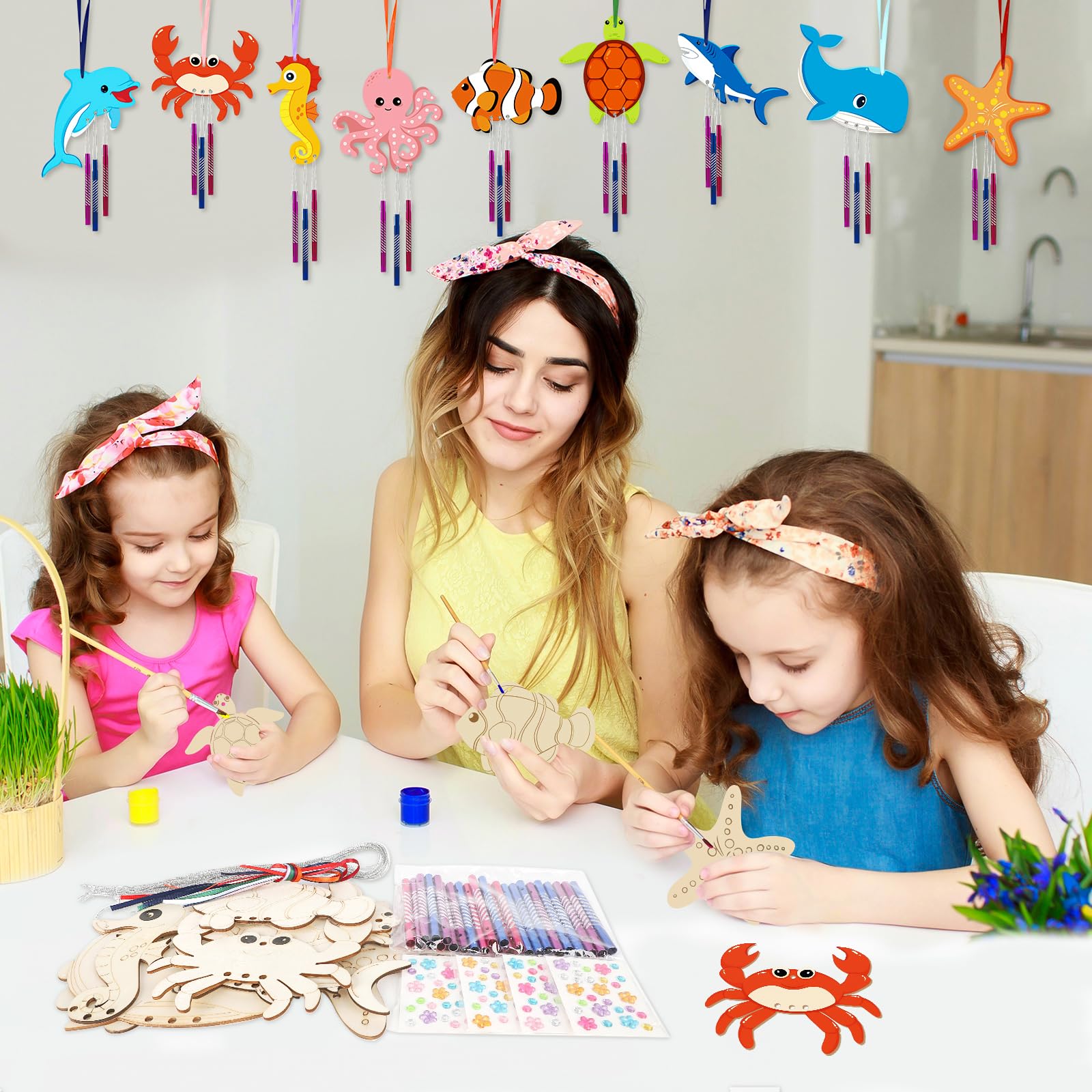 Wooden Ocean Animals Wind Chime Kit Make Your Own Sea Animal Crafts Coloring DIY Wind Chime kit for Summer Activities Birthday Favor School Home Art