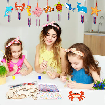 Wooden Ocean Animals Wind Chime Kit Make Your Own Sea Animal Crafts Coloring DIY Wind Chime kit for Summer Activities Birthday Favor School Home Art