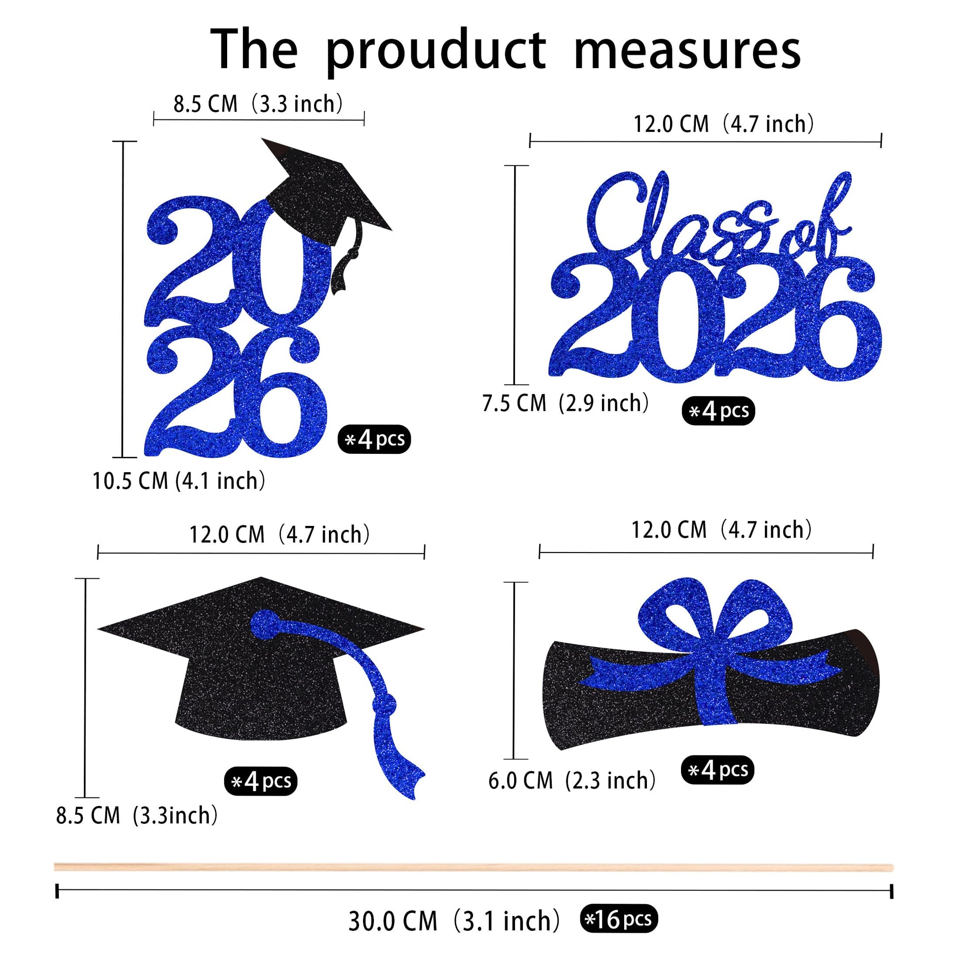 Graduation Decorations Centerpieces for table 2026, Double-sided Class of 2026 Cake Topper picks for Graduation Party Decoration Party favors(16 PCS