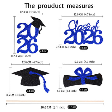 Graduation Decorations Centerpieces for table 2026, Double-sided Class of 2026 Cake Topper picks for Graduation Party Decoration Party favors(16 PCS