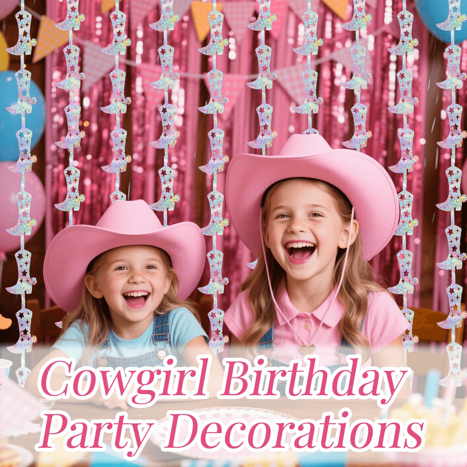 4 Pcs Cowgirl Party Decorations - 2 Boot Silver Metallic Tinsel Fringe Curtains & 2 Candy Pink Backdrops for Birthday Supplies Last Rodeo Bachelorette