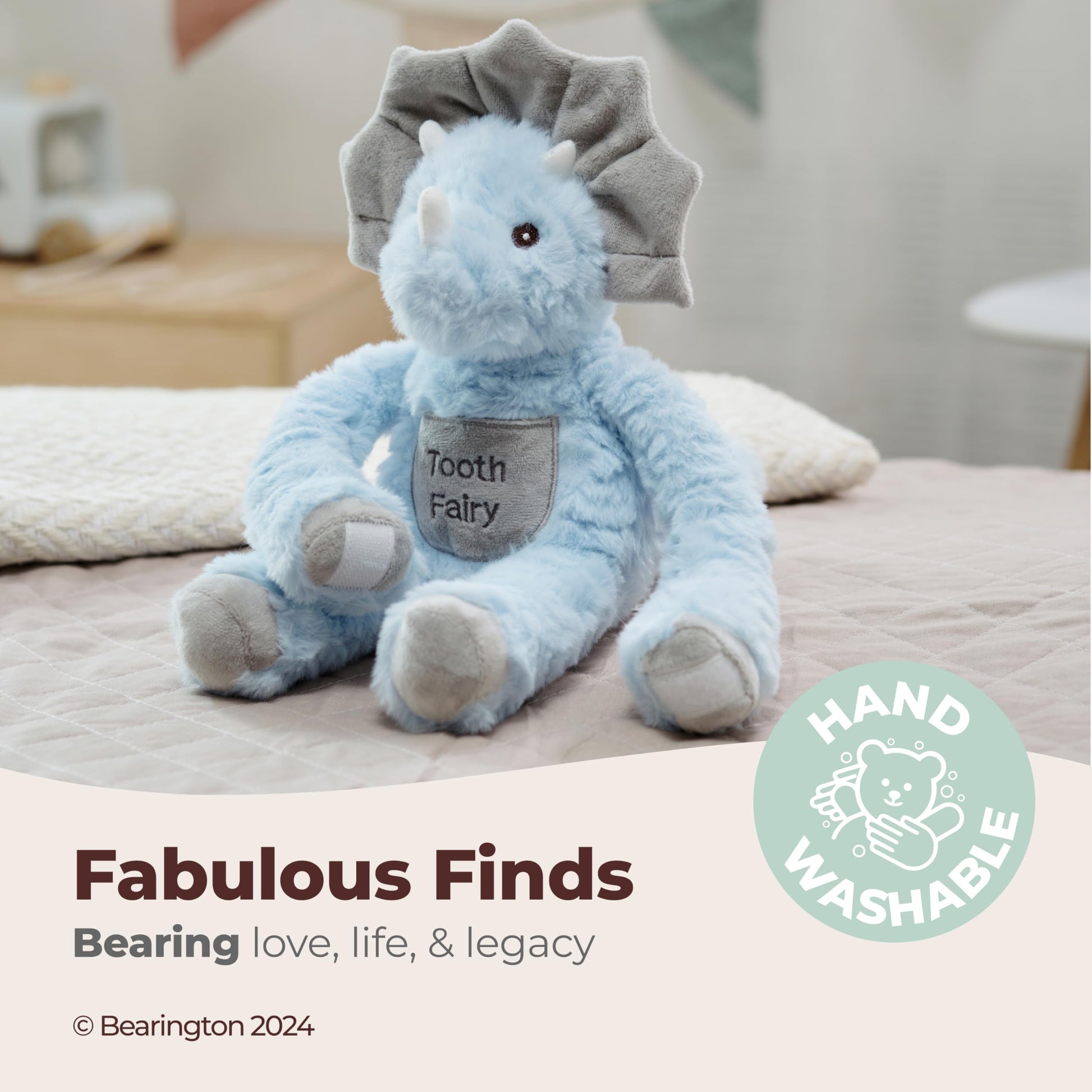 Bearington Lil' Tracer Dinosaur Stuffed Animal - 12" Tooth Fairy Tooth Holder with Soft Plush Fur, Long Arms with Velcro, and Little Pocket - Adorable