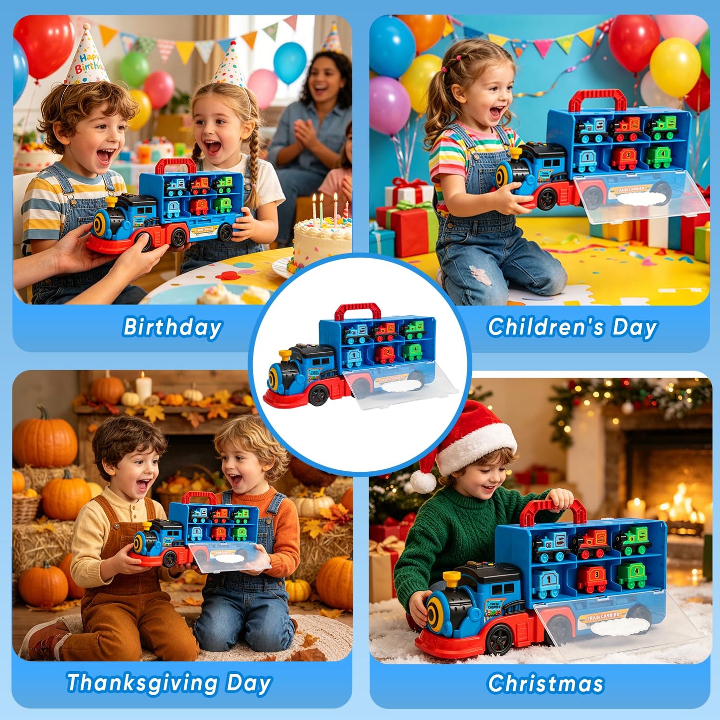 Trucks Toys for Toddler, Transport Truck Train Set with Light and Sound, 1 Transport Toy Trucks,6 Magnetic Trains, Kids Birthday Gifts.