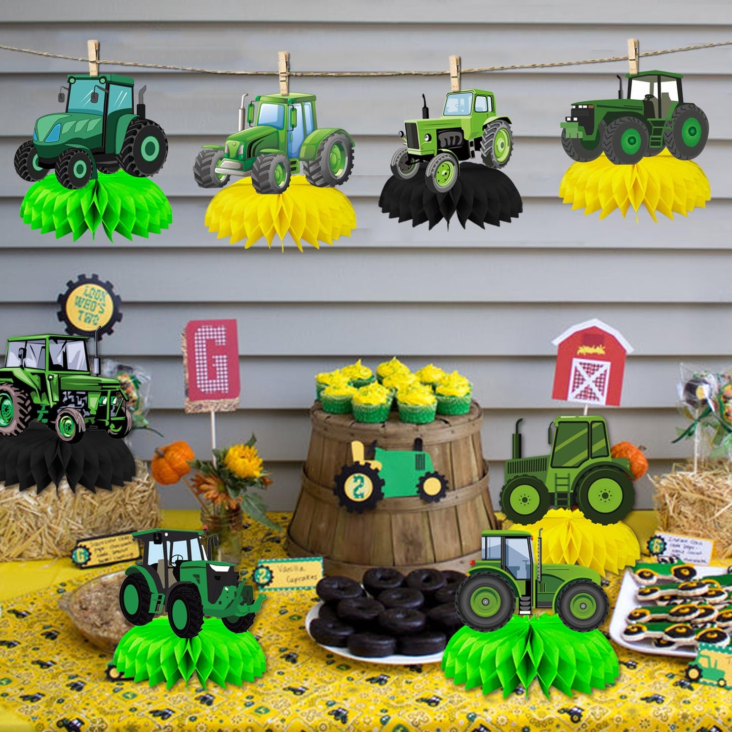 8 Pcs Farm Green Tractor Party Decoration, Farm Tractor Theme Honeycomb Centerpieces 3D Double Sided Table Decorations, Photo Booth Props for Kids