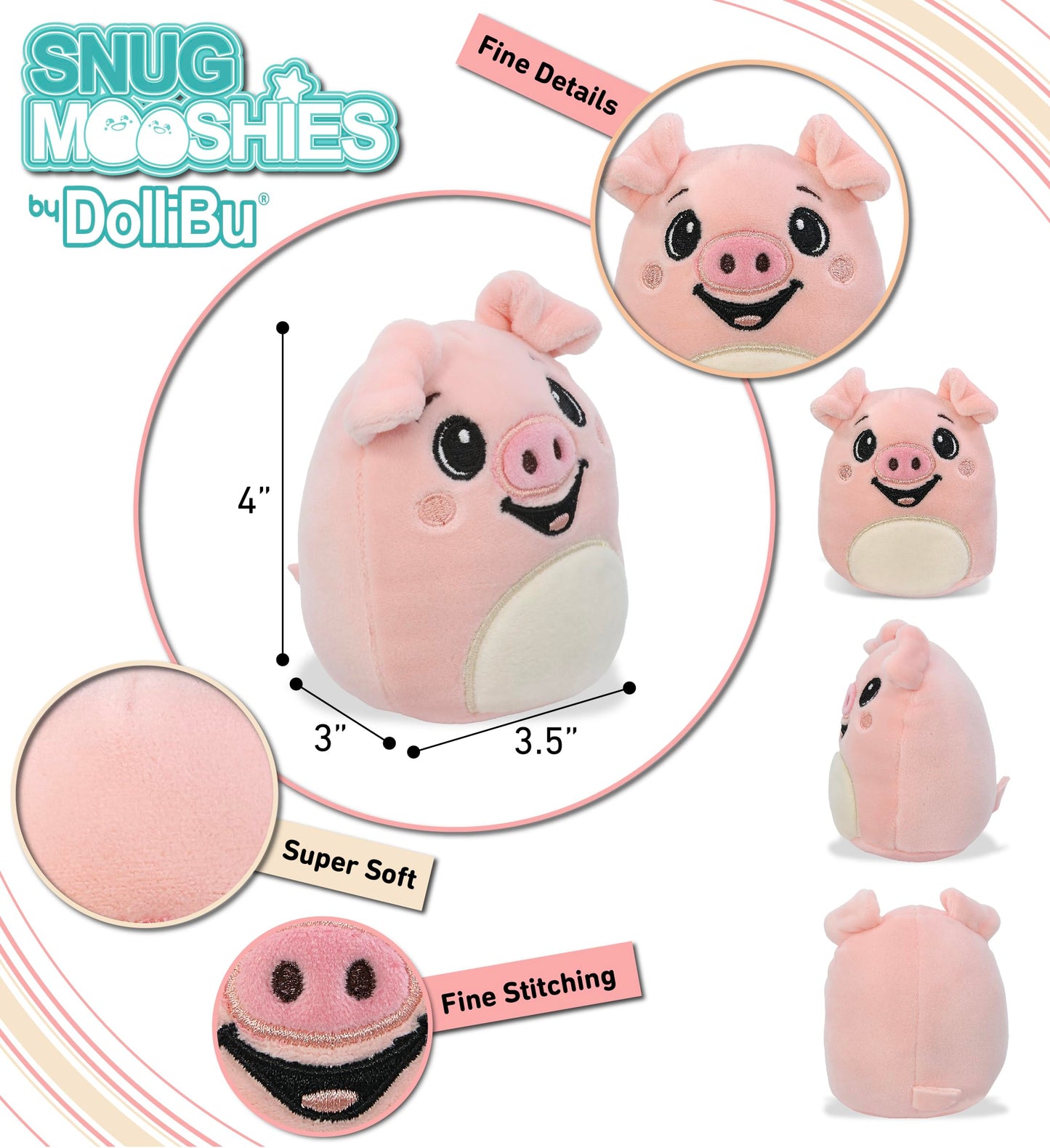 DolliBu Snug Mooshies Pig Stuffed Animal - Wild Life Super Squishy Soft Sensory Plush Toy for Girls and Boys, Cute Small Kids Plush Animal Friend