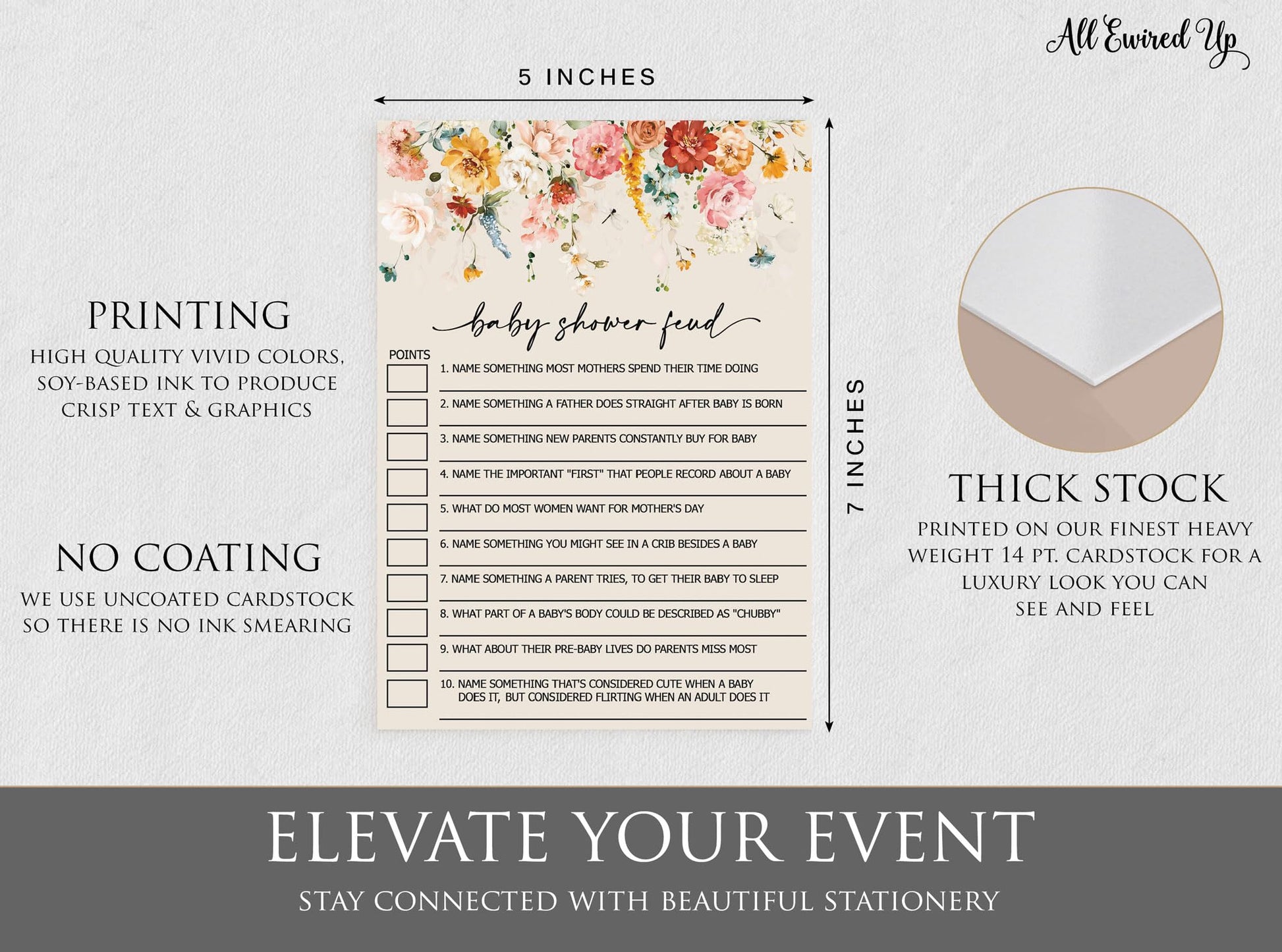 All Ewired Up 50 Baby Shower Family Feud Game Cards, Gender Neutral, Wildflower, Baby in Bloom