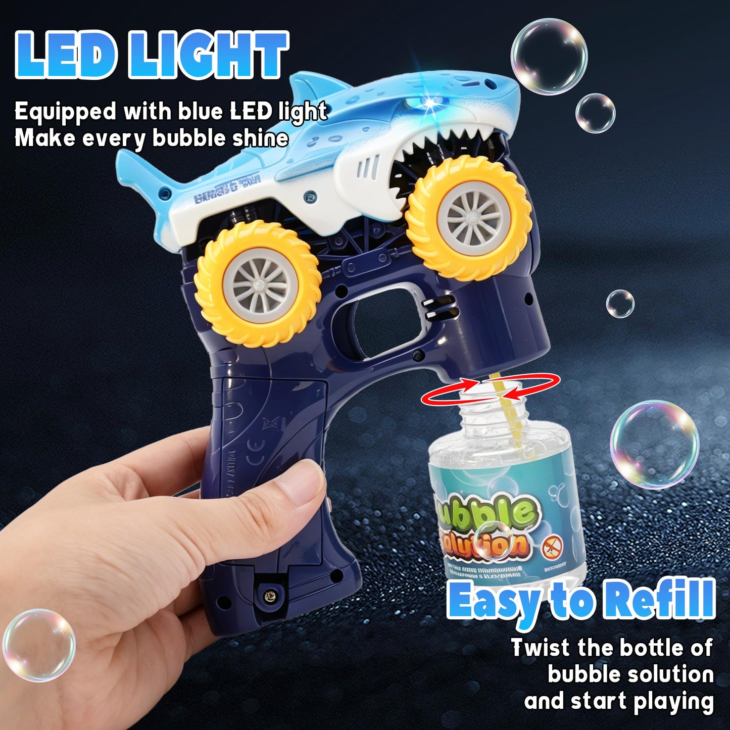 Shark Bubble Machine Gun,Bubble Blaster, LED Lights &2 Bubble Solution,Blue