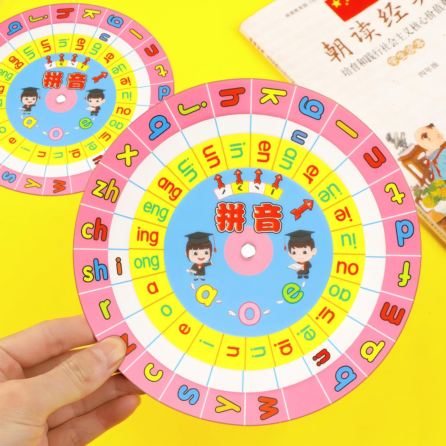 HannaFires 2-Pieces Mandarin Chinese Pinyin Learning Wheel Cards - Pink Rotating Pronunciation Chart, Portable Language Study Tool, Pinyin Guide